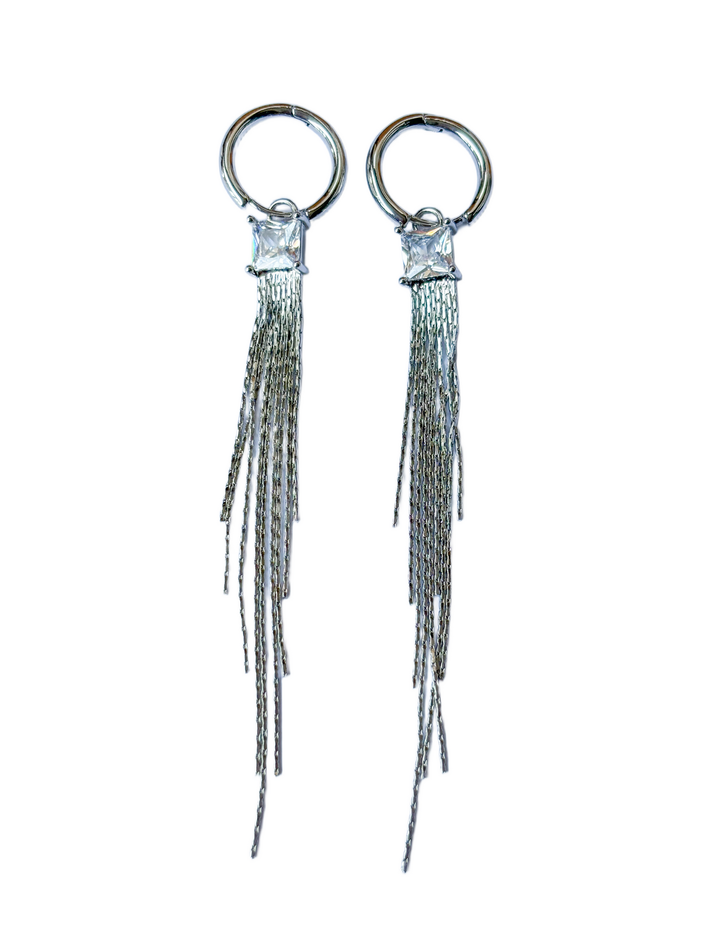 Boucles d'oreilles pendantes carrées en cristal et longues chaînes en argent