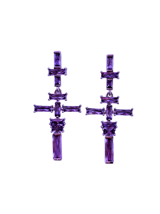 Purple Crystal Cross Drop Earrings