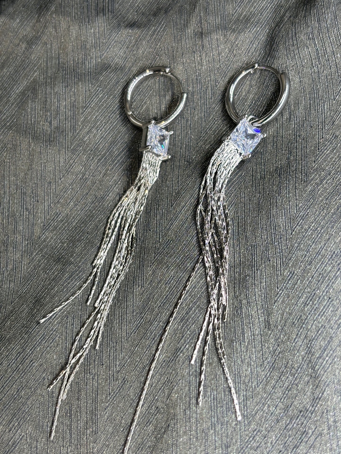 Long silver chain tassel square crystal drop earrings