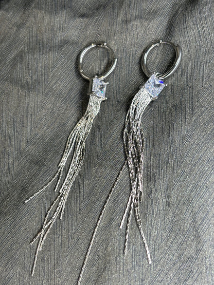 Long silver chain tassel square crystal drop earrings