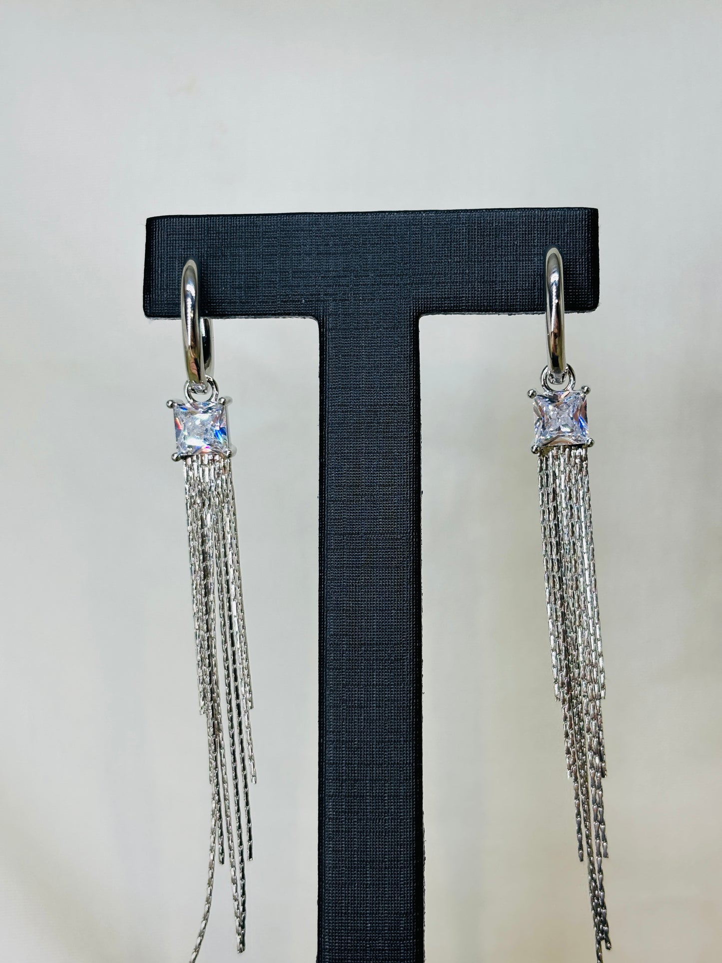 Long silver chain tassel square crystal drop earrings