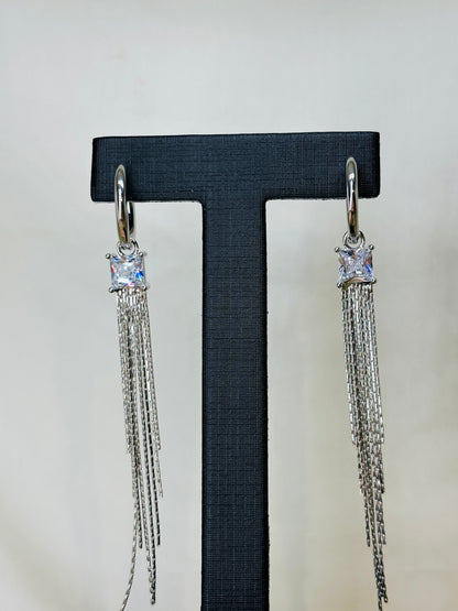 Long silver chain tassel square crystal drop earrings