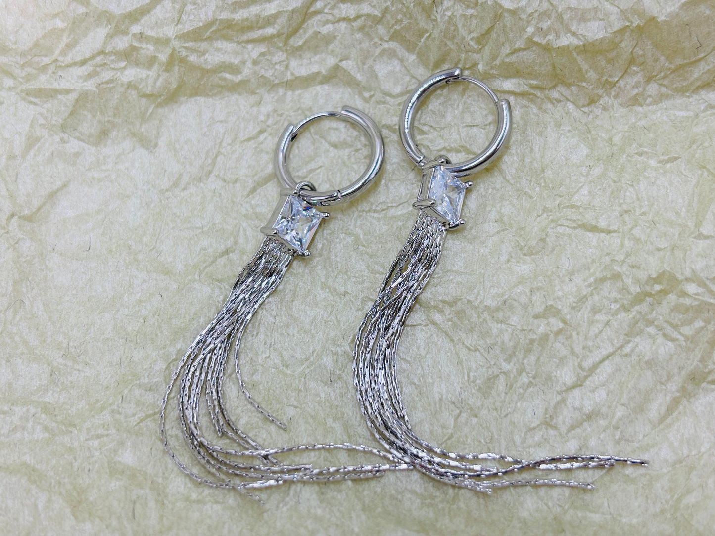 Long silver chain tassel square crystal drop earrings