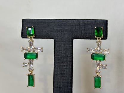 Green Crystal Cross Drop Earrings